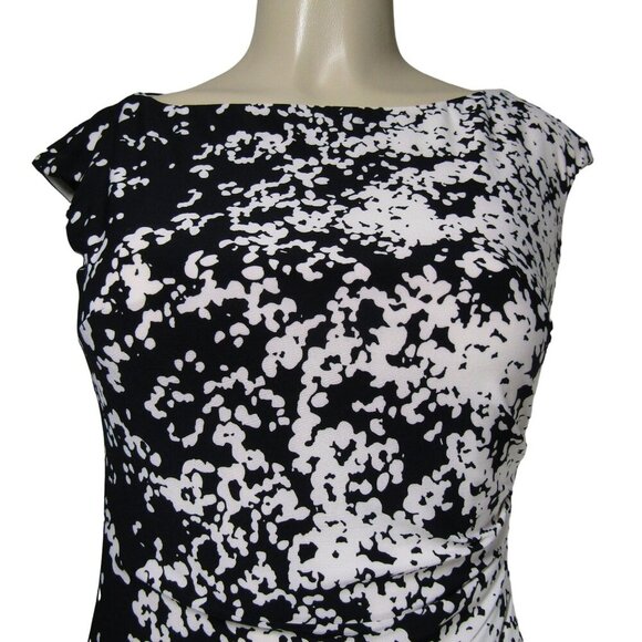 LAUREN RALPH LAUREN Knit ABSTRACT Ruched Black White Career Sheath Mod Dress 4 - Picture 2 of 11